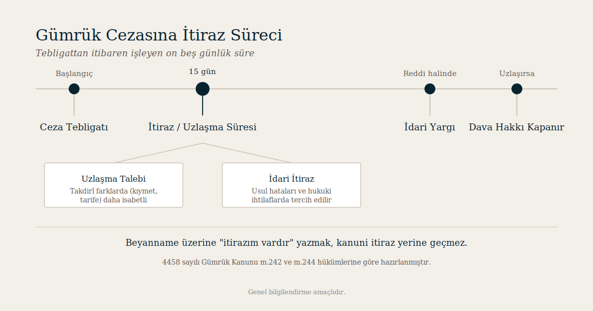 Tebligattan itibaren itiraz, uzlaşma ve dava seçenekleri arasındaki karar sürecini gösteren şema